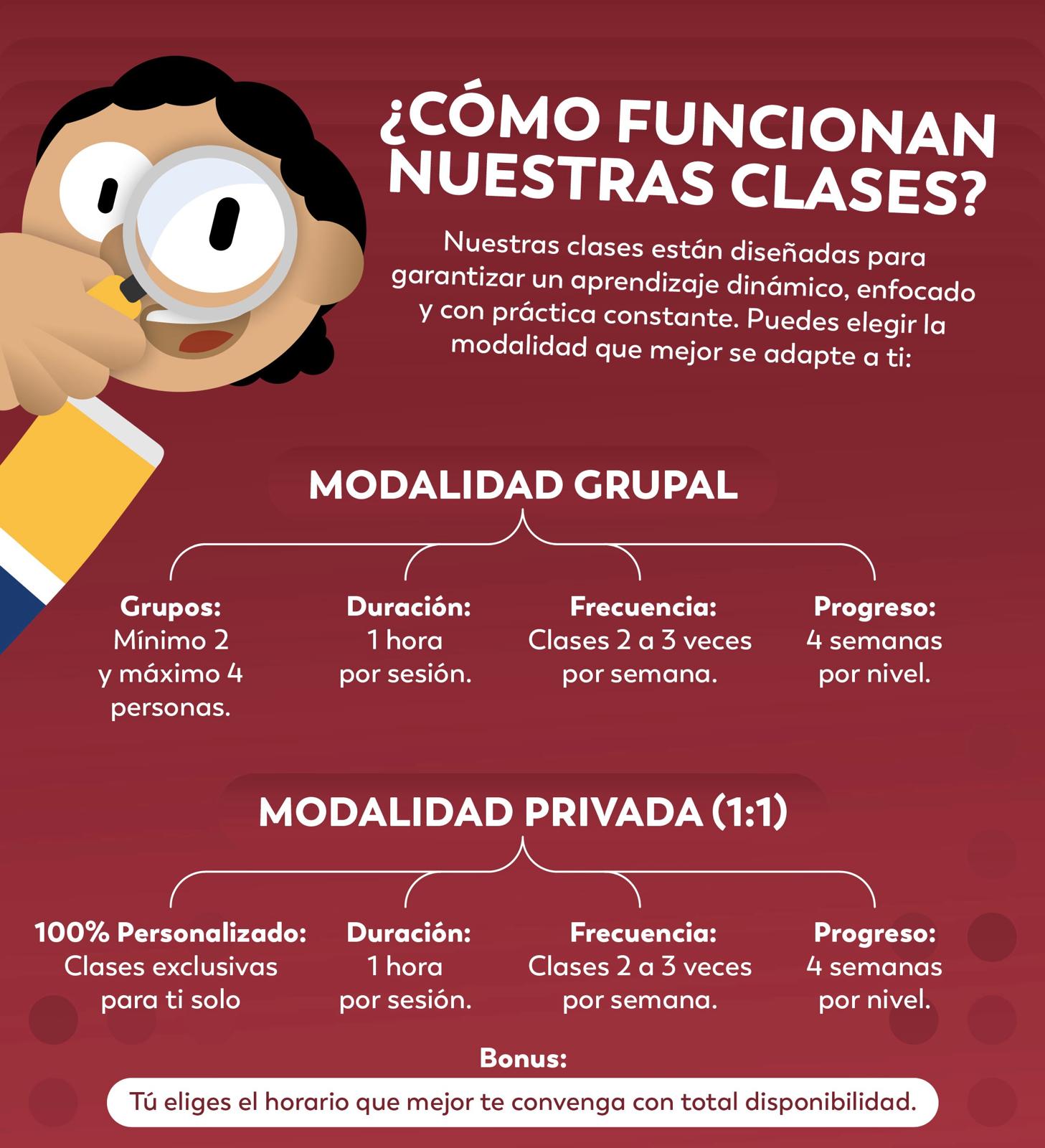 Cómo funcionan nuestras clases: modalidad grupal, de 2 a 4 personas, y modalidad privada uno a uno. Una hora por sesión, de dos a tres clases por semana y cuatro semanas por nivel.